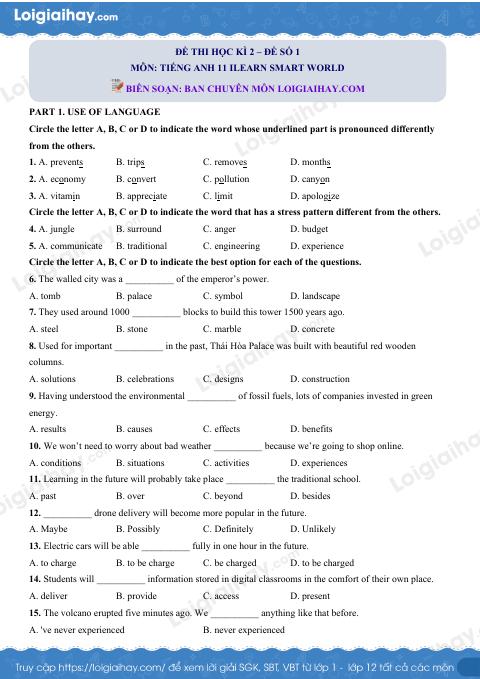 Đề thi học kì 2 Tiếng Anh 11 iLearn Smart World - Đề số 1
